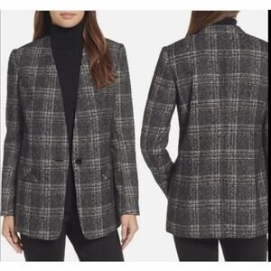 Halogen women’s Gray Beige plaid wool blend collarless Blazer size S
